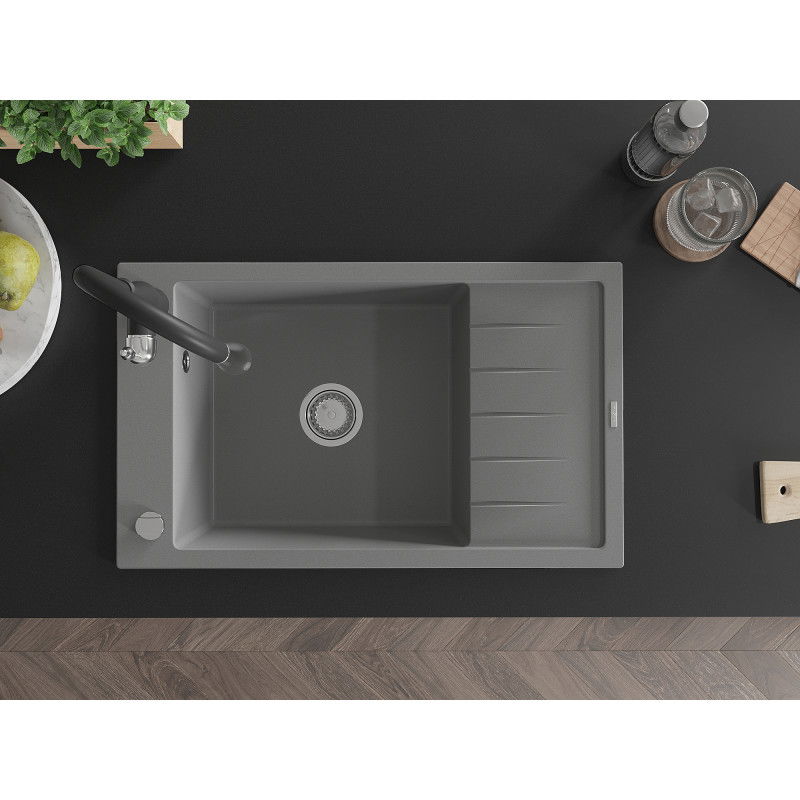 Mexen Elias кухненска мивка от гранит с 1 отделение и отцедник, с кухненски смесител Savita, сиво - 6511-71-672601-70