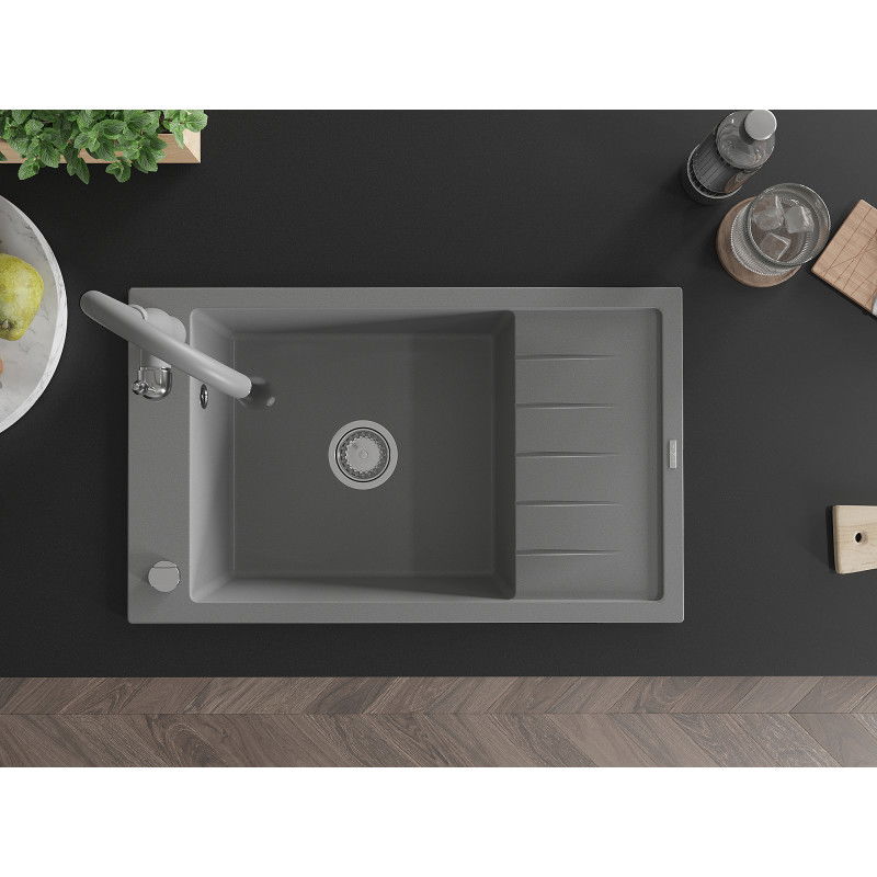 Mexen Elias гранитна кухненска мивка с 1 корито с отцедник и кухненски смесител Savita, сива - 6511-71-672601-71