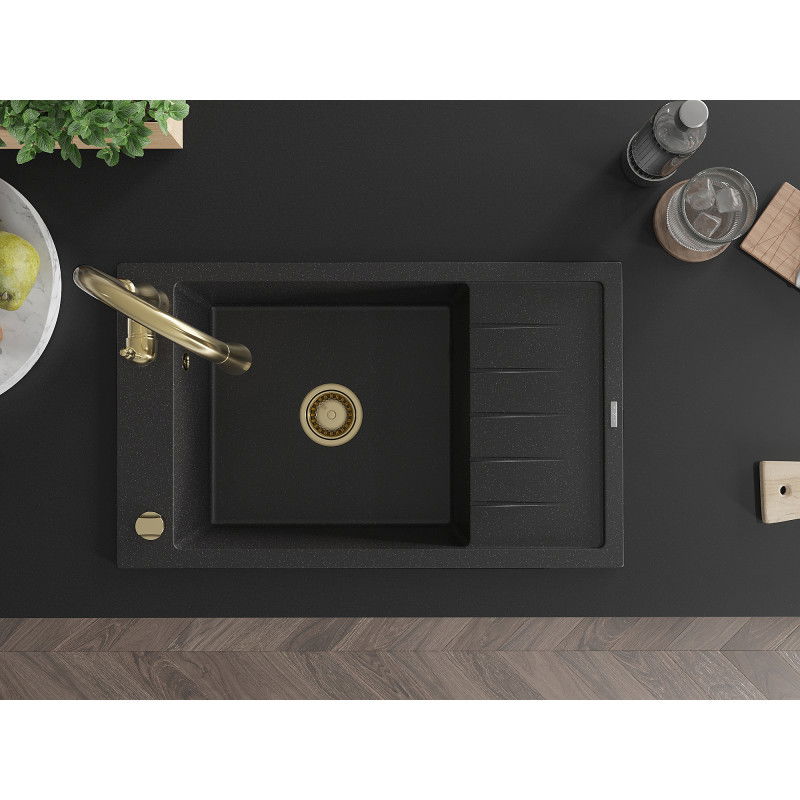 Mexen Elias гранитна мивка с 1 отделение с отцеквач и кухненски смесител Savita, черен/сребърен металик- 6511-73-672601-50