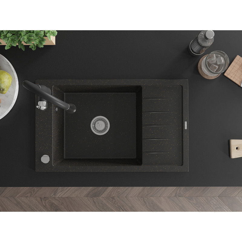 Mexen Elias гранитна мивка с 1 корито и отцедник и кухненски смесител Savita, черен/златен металик - 6511-75-672601-70