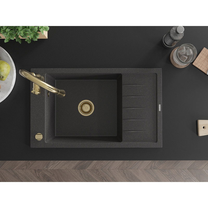Mexen Elias гранитна мивка с 1 камера с отцедник и кухненски смесител Savita, черен петнист - 6511-76-672601-50
