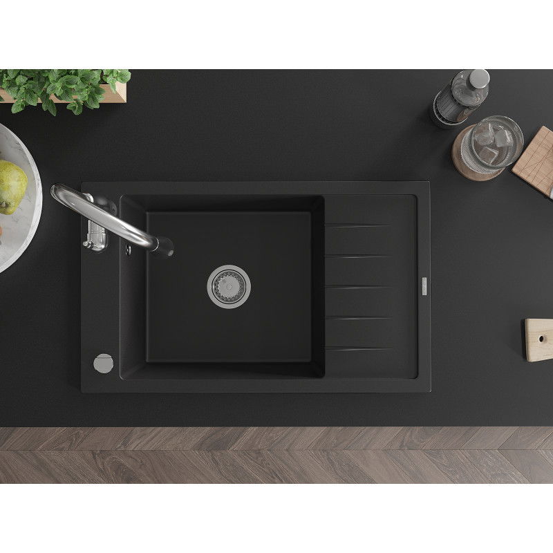 Mexen Elias гранитна мивка с 1 отделение с отцедник и кухненски смесител Savita, черен - 6511-77-672601-00