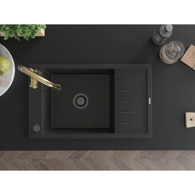 Mexen Elias гранитна мивка с 1 камера с отцедник и кухненски смесител Savita, черен - 6511-77-672601-50-B