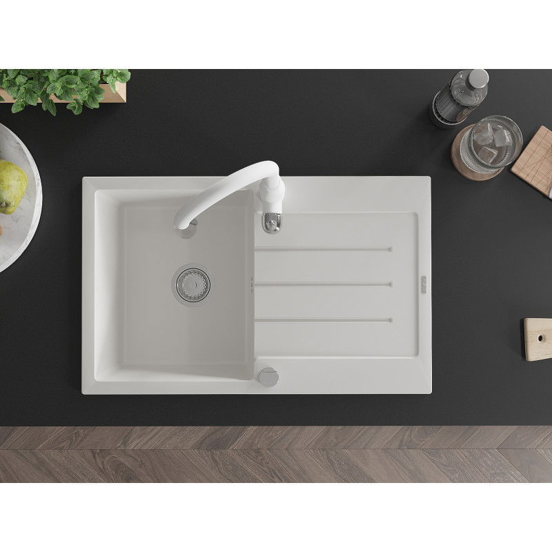 Mexen Bruno еднокоморна гранитна мивка с отцедник и кухненски смесител Savita, бял - 6513-20-672601-20