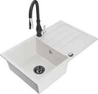 Mexen Bruno гранитна кухненска мивка с 1 корито с отцедник и кухненски смесител Savita, бял - 6513-20-672601-70