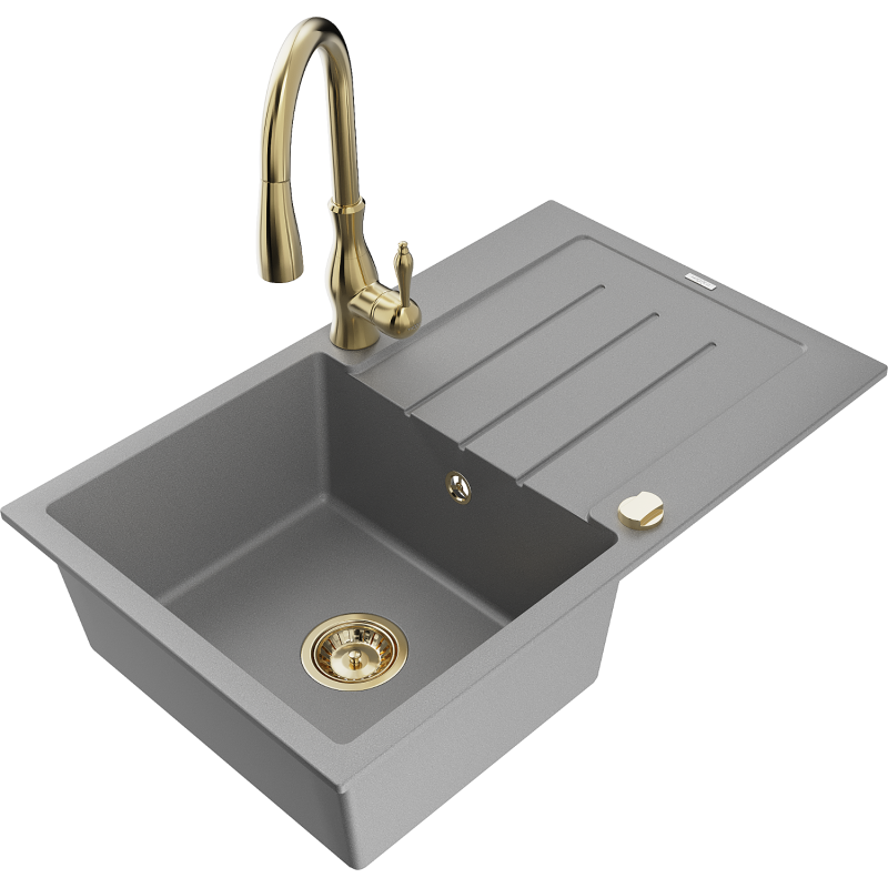 Mexen Bruno гранитна мивка с 1 отделение и отцедник със смесител Savita, сив