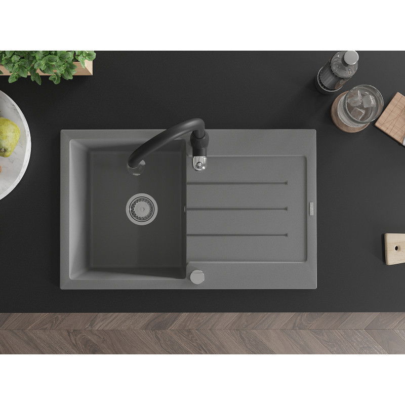 Mexen Bruno гранитна мивка с 1 отделение с отцедник и кухненски смесител Savita, сива - 6513-71-672601-70
