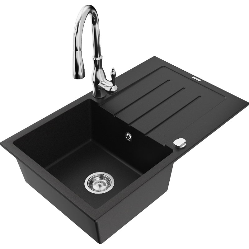 Mexen Bruno гранитна мивка с 1 корито с дренаж и кухненски смесител Savita,