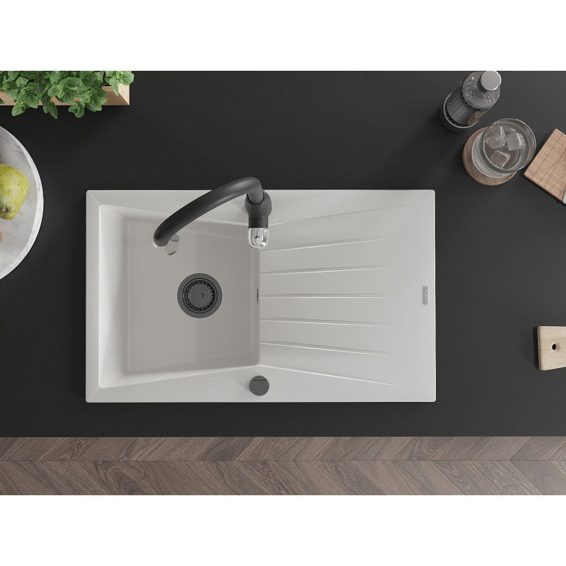 Mexen Cesar мивка от гранит 1-коморна с отцедник и кухненски смесител Savita, бял - 6514-20-672601-70