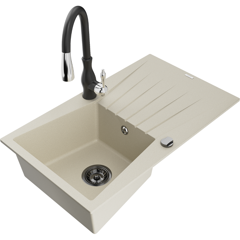 Mexen Cesar гранитна мивка с 1 камера с отцедник и кухненски смесител Savita,