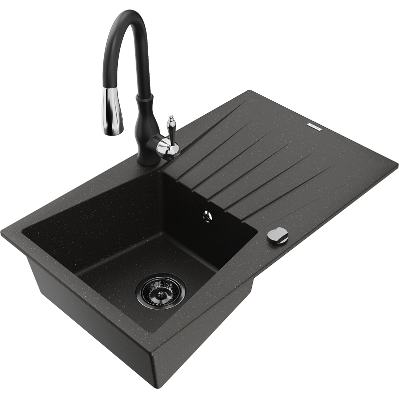 Mexen Cesar гранитна мивка с една камера с капак и кухненски смесител Savita,