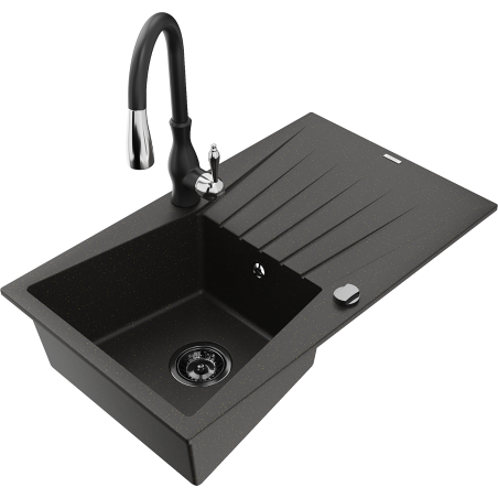 Mexen Cesar гранитна мивка с една камера с капак и кухненски смесител Savita,