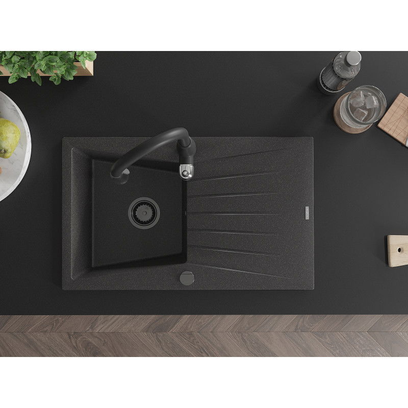 Mexen Cesar гранитна мивка с 1 камера и отцедник и кухненски смесител Savita, черно петнисто - 6514-76-672601-70-B