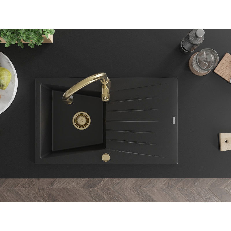 Mexen Cesar гранитна мивка с 1 отделение и отцедник и кухня батерия Savita, черна - 6514-77-672601-50