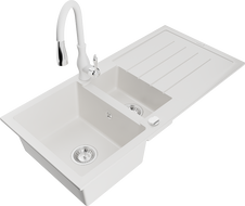Mexen Andres 1,5-кратно мивка от гранит с отцедник и кухненски смесител Savita, бял - 6515-20-672601-20