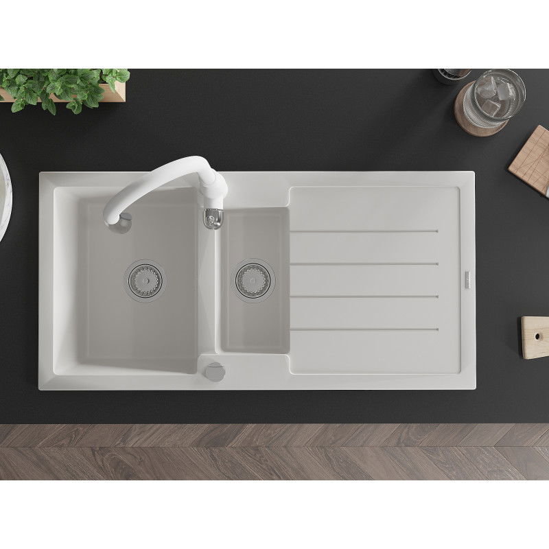 Mexen Andres 1,5-кратно мивка от гранит с отцедник и кухненски смесител Savita, бял - 6515-20-672601-20