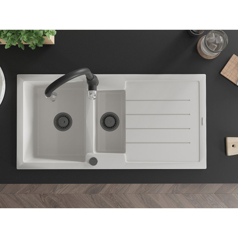 Mexen Andres гранитна кухненска мивка 1,5-камерна с отцеждане и кухненски смесител Savita, бял - 6515-20-672601-70
