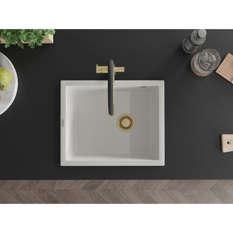 Mexen Pedro кухненска мивка от гранит с 1 камера 560 x 460 мм, бяла, златен сифон - 6508561000-20-G