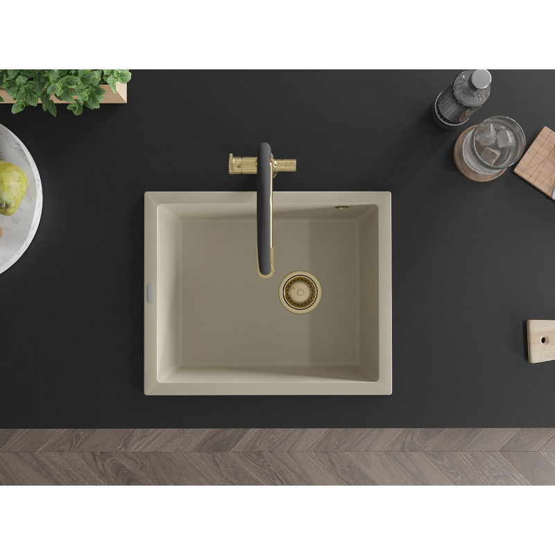 Mexen Pedro гранитна мивка с 1 корито 560 x 460 мм, бежова, златен сифон - 6508561000-69-G