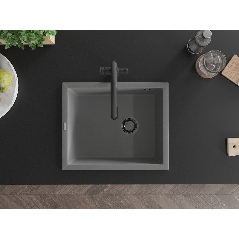Mexen Pedro гранитна мивка с 1-корито 560 x 460 мм, сива, черен сифон - 6508561000-71-B