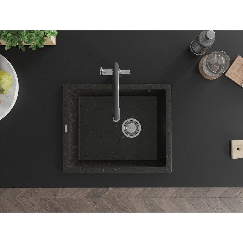 Mexen Pedro еднокамерен гранитен мивка 560 x 460 мм, черен/златист металик, хром сифони - 6508561000-75