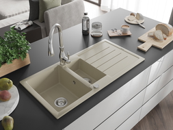 Mexen Andres гранитна кухненска мивка с 1,5 отделения, с отцедник и кухненски смесител Savita, бежово - 6515-69-672601-00