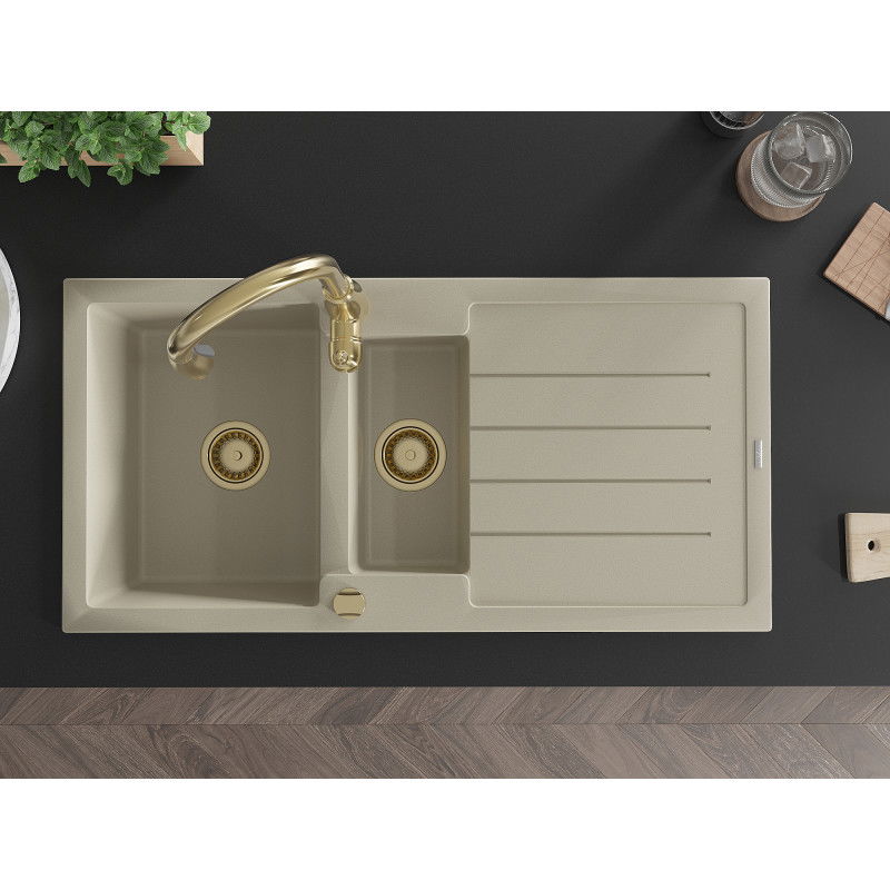 Mexen Andres гранитна мивка 1,5-коморна с отцедник и кухненски смесител Savita, бежов - 6515-69-672601-50