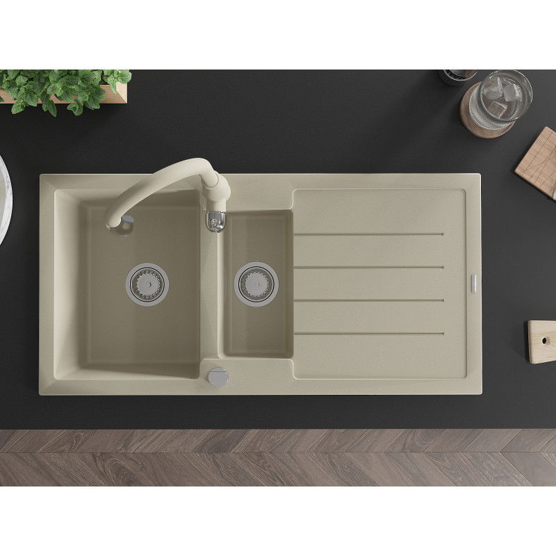 Mexen Andres гранитна мивка 1,5-камерна с оттичник и кухненски смесител Savita, бежов - 6515-69-672601-69