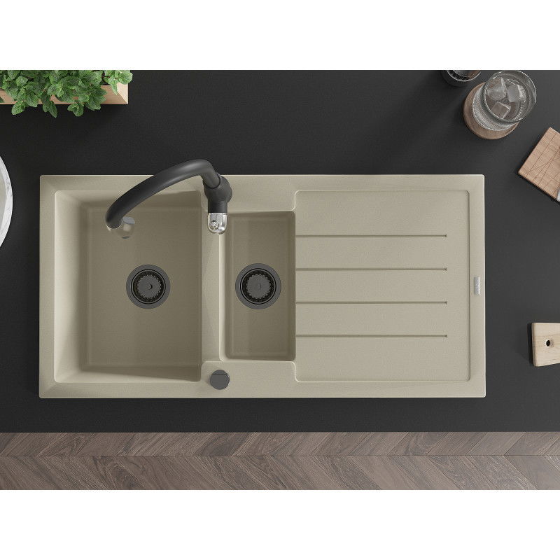 Mexen Andres гранитна мивка 1,5-контейнерна с отцедник и кухненски смесител Savita, бежов - 6515-69-672601-70