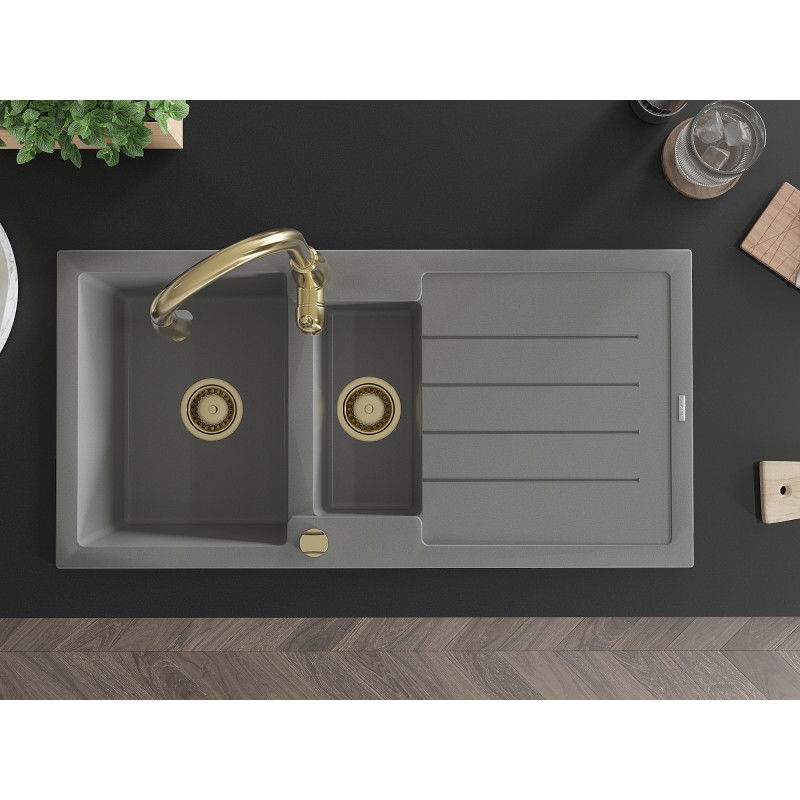 Mexen Andres гранитна мивка с 1,5 камери с отцедник и кухненски смесител Savita, сив - 6515-71-672601-50