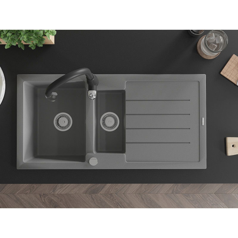 Mexen Andres гранитна мивка с 1,5 отделения с отцедник и кухненски чешм Savita, сива - 6515-71-672601-70