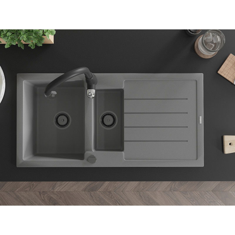 Mexen Andres гранитна мивка с 1,5 камери с отцедник и кухненски смесител Savita, сив - 6515-71-672601-70-B