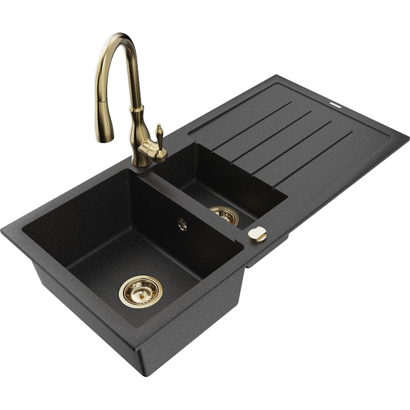 Mexen Andres гранитна мивка с 1,5 камери с отцедник и кухненски смесител Savita,