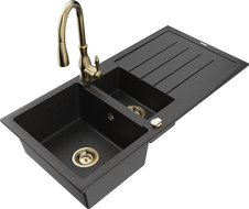 Mexen Andres гранитна мивка 1,5 камери с отцедник и кухненски смесител Savita, черен/сребрист - 6515-73-672601-50