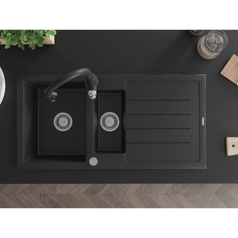 Mexen Andres гранитна мивка с 1,5 камери и отцедник и кухненски смесител Savita, черен/сребърен - 6515-73-672601-70
