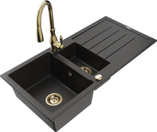 Mexen Andres гранитна мивка с 1,5 камери и отцедник и кухненски смесител Savita, черно/златно металик- 6515-75-672601-50