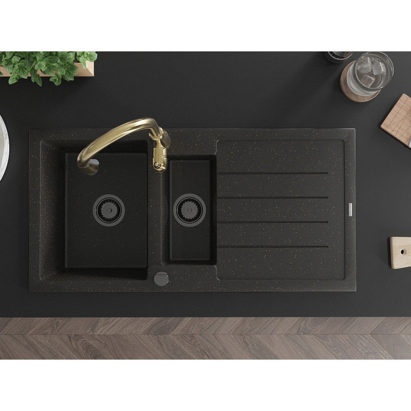 Mexen Andres гранитна мивка 1,5-камерна с отцедник и кухненски смесител Savita, черен/златен - 6515-75-672601-50-B
