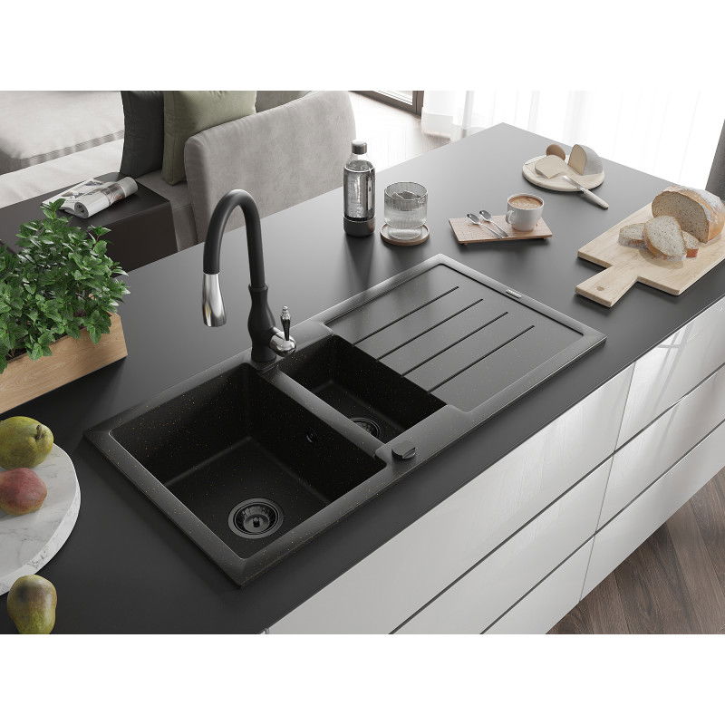Mexen Andres гранитна мивка с 1,5 камери с draining board и кухненска батерия Savita, черен/златен - 6515-75-672601-70-B