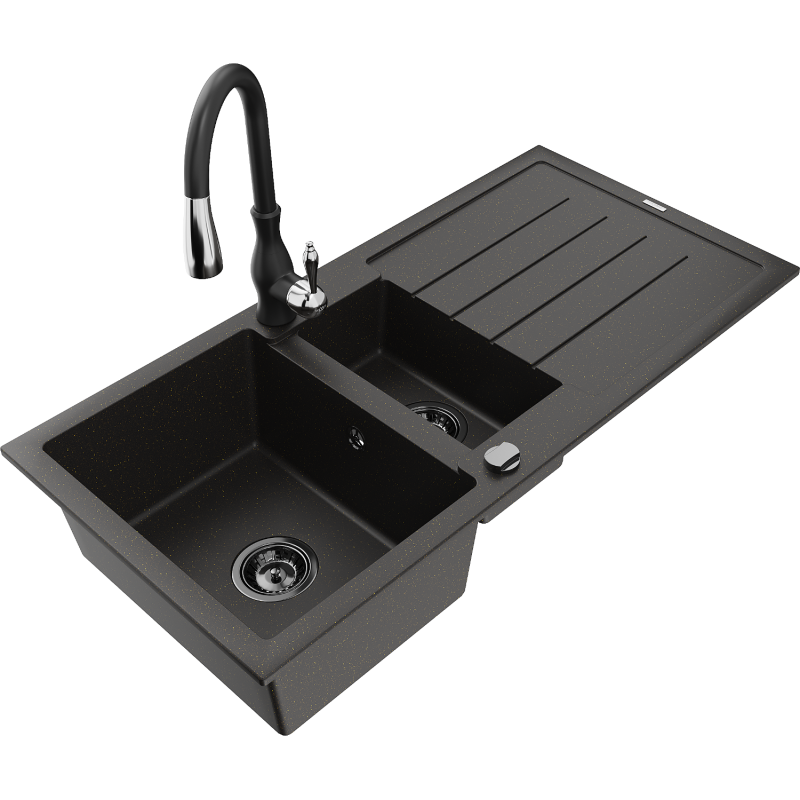 Mexen Andres гранитна мивка с 1,5 камери с draining board и кухненска батерия Savita, черен/златен - 6515-75-672601-70-B