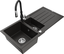 Mexen Andres гранитна мивка с 1,5 камери с отцедник и кухненски смесител Savita, черен/златист металик - 6515-75-672601-70
