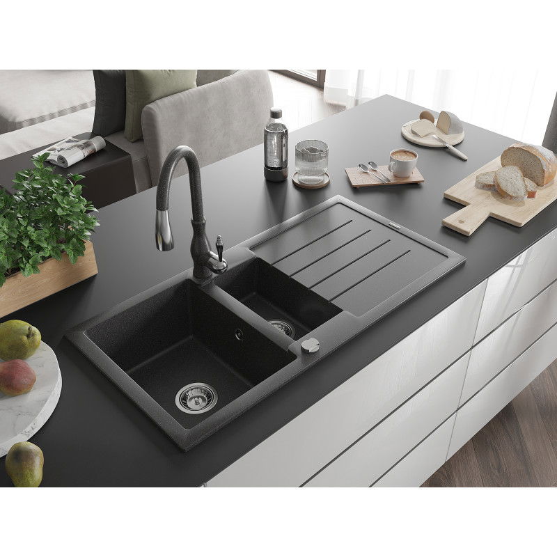 Mexen Andres гранитна мивка 1,5-камерна с отцеди и кухненски смесител Savita, черен на пръски - 6515-76-672601-76