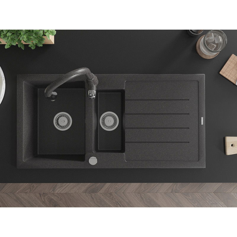 Mexen Andres гранитна мивка 1,5-камерна с отцеди и кухненски смесител Savita, черен на пръски - 6515-76-672601-76