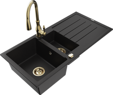 Mexen Andres гранитна мивка 1,5-коморна с отцедник и кухненски смесител Savita, черно - 6515-77-672601-50
