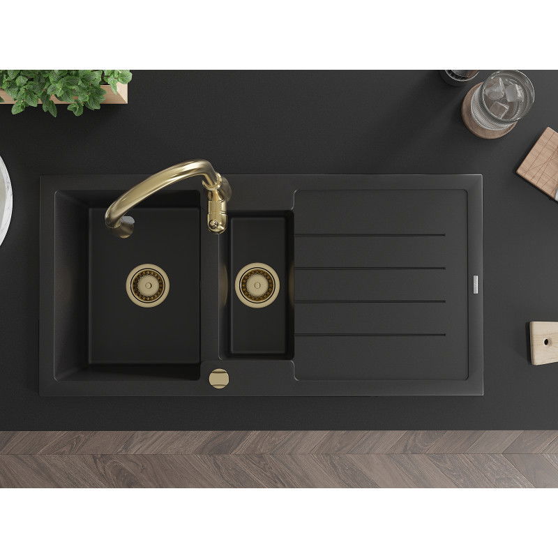 Mexen Andres гранитна мивка 1,5-коморна с отцедник и кухненски смесител Savita, черно - 6515-77-672601-50