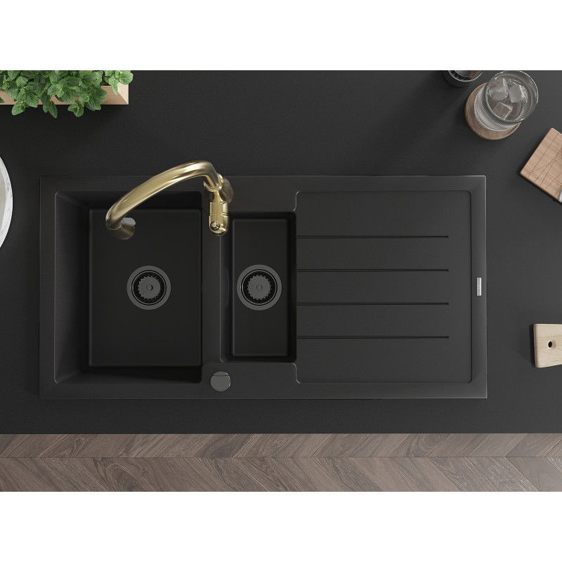 Mexen Andres гранитна мивка 1,5 камери с отцедник и кухненски смесител Savita, черен - 6515-77-672601-50-B