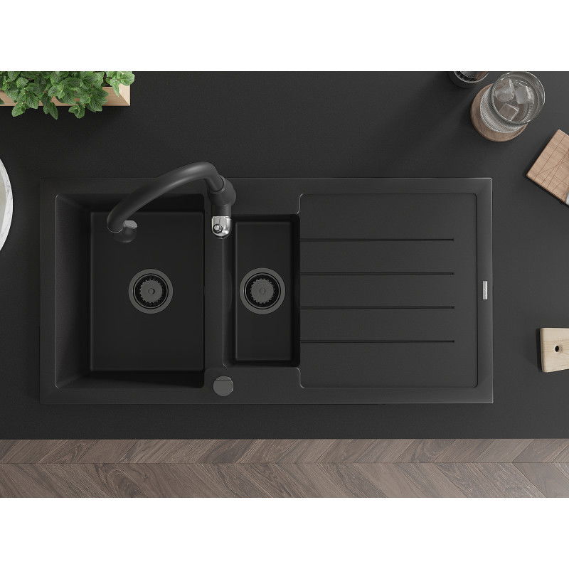 Mexen Andres гранитна мивка с 1,5 камери с отцедник и кухненски смесител Savita, черен - 6515-77-672601-70-B