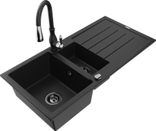 Mexen Andres гранитна мивка с 1,5 камери с отцедник и кухненски смесител Savita, черен - 6515-77-672601-70-B