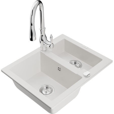 Mexen Carlos гранитна мивка 1,5-камерна с кухненски смесител Savita, бял - 6518-20-672601-00