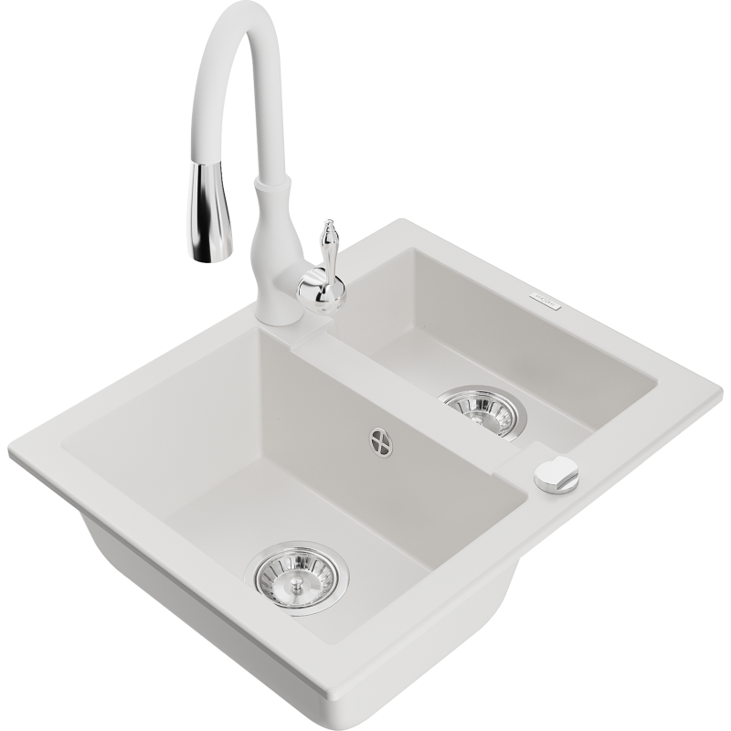 Mexen Carlos гранитна мивка с 1,5 камери с кухненски смесител Savita, бял - 6518-20-672601-20