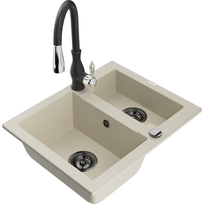 Mexen Carlos гранитна мивка с 1,5 чаши с кухненски смесител Savita, бежов